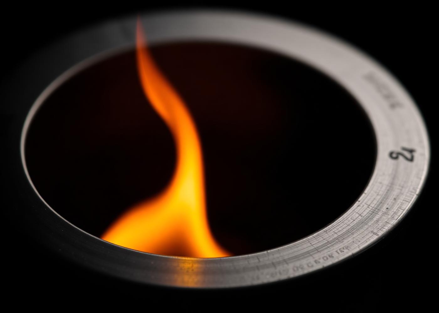 Gros plan sur le brûleur en inox brossé d'un foyer bioéthanol Place Design, flamme rase